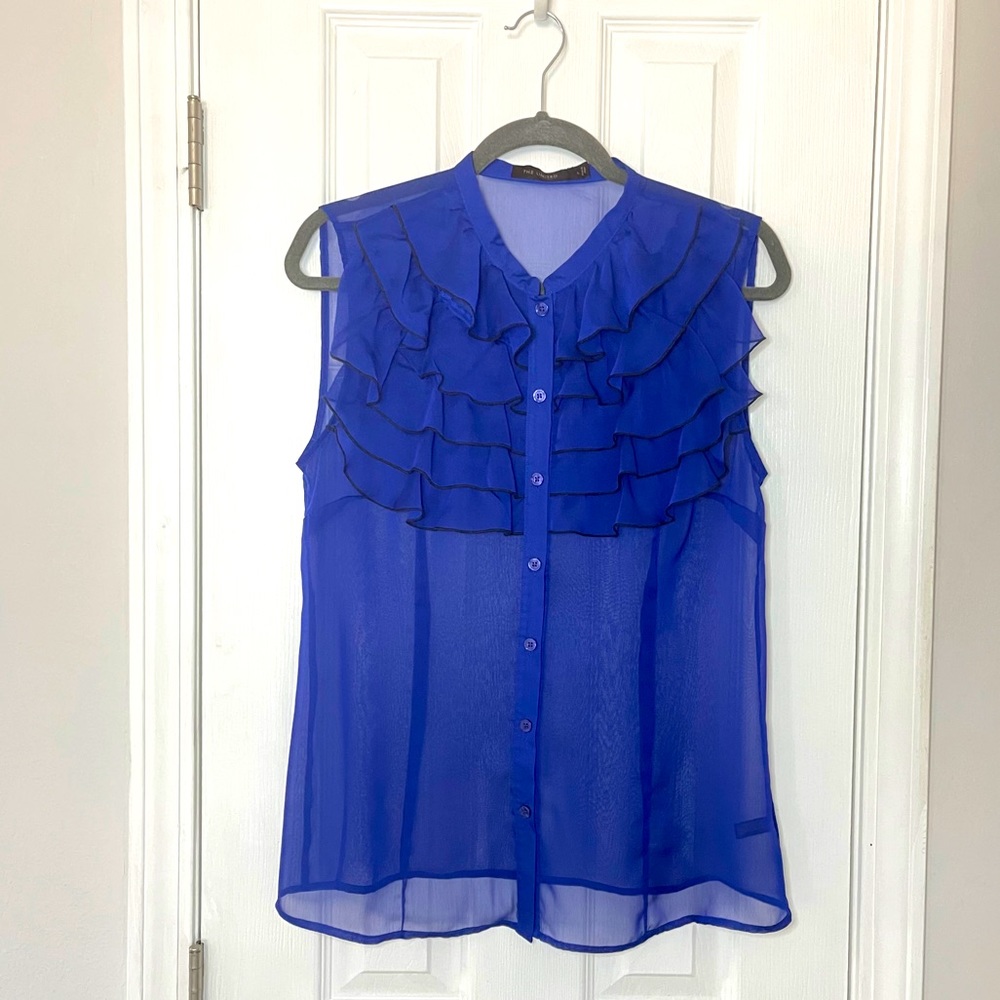 LIMITED cobalt blue sheer ruffle sleeveless shirt
